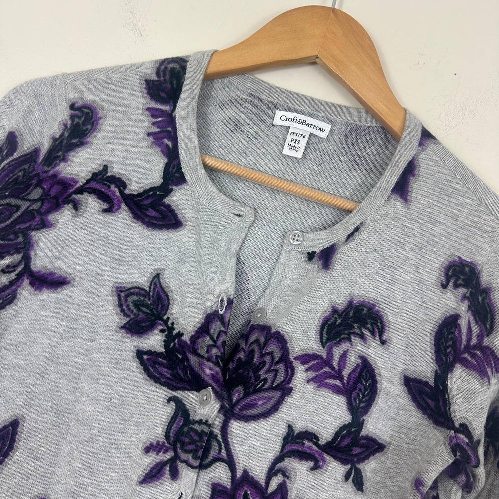 Croft & Barrow Cardigan Sweater Gray Purple Floral Botanical Cotton Preppy PXS